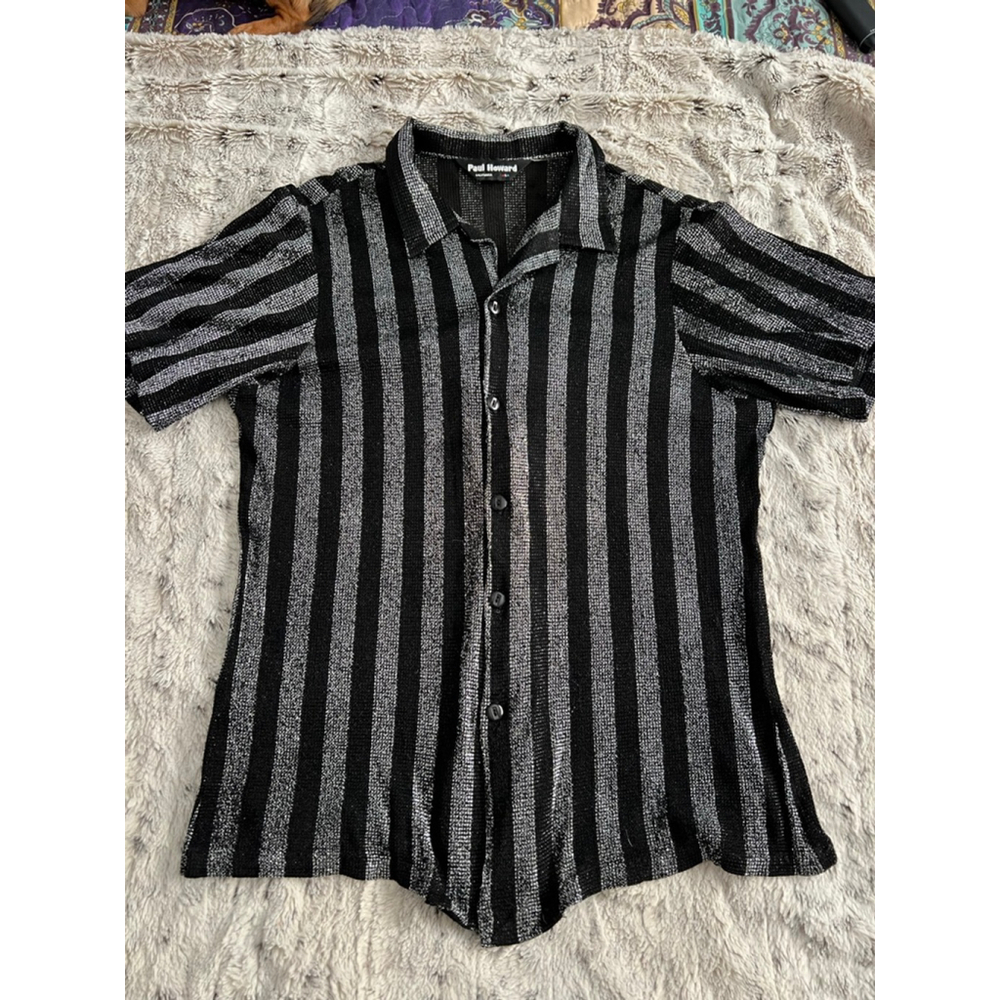 Vintage Y2K Paul Howard Black & Silver Striped Casual Button up Shirt Mens Sz. M - Picture 2 of 14